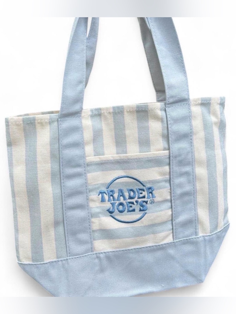 Trader Joe's NWT Reusable Mini Striped Canvas Tote Bag in Seafoam Blue Brand New